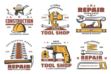 Repair and construction work tools vector sketch