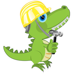 Fototapeta na wymiar Dinosaur in building helmet and with gavel in paw