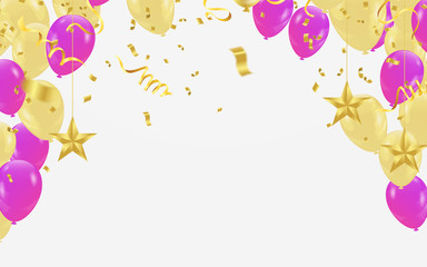 Light golden balloons with purple balloons confetti falling On White Background. Vector Illustration