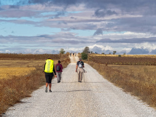 Fototapeta premium Pilgrims walk on the old Roman road known as the Via Aquitana - Calzada Romana, Castile and Leon, Spain