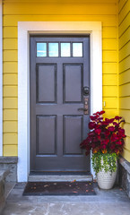 Yellow entry area with dark door and red flowers tall