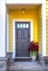Fototapeta na wymiar Yellow entry area with dark door and red flowers