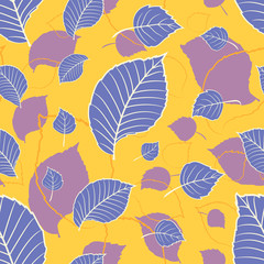 Seamless vector floral pattern with abstract blue leaves on yellow background.