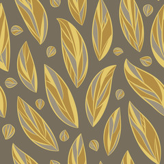 Seamless vector floral pattern with abstract leaves in monotone gold-brown colors.