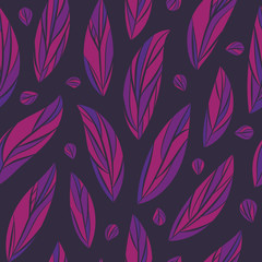 Seamless vector floral pattern with abstract leaves in blue and purple colors on black background.
