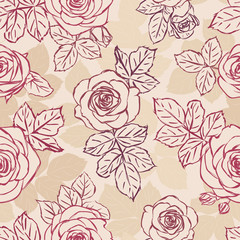 Vector floral background with stylized outline rose buds and silhouettes. Seamless decorative pattern