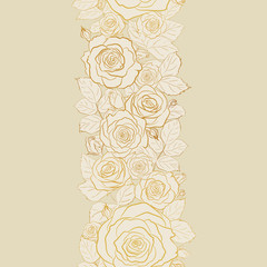 Vector floral border design with gold outline rose buds. Seamless line vertical floral pattern
