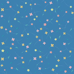 Seamless floral pattern with small flowers in soft pastel colors on blue background. Ditsy print.