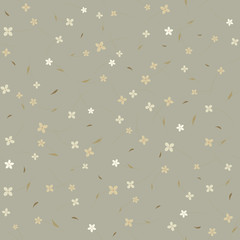 Seamless floral pattern with small flowers in monotone colors on light gray background. Ditsy print.