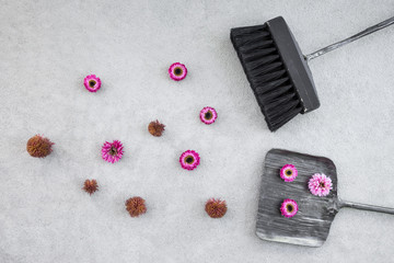 Dustpan, brush and pink flowers on concrete floor