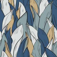 Seamless vector floral pattern with abstract leaves in white, blue, and beige colors.
