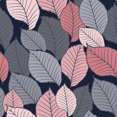 Seamless floral pattern with abstract leaves in pink, gray and blue colors