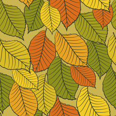 Seamless floral pattern with abstract leaves in red, yellow and green colors