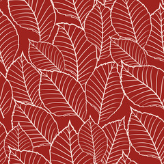 Seamless floral pattern with abstract outline leaves in red and white colors