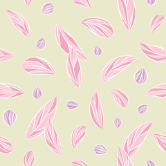 Seamless floral pattern with abstract pink leaves scattered random in pastel colors
