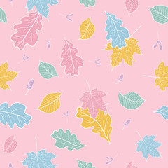 Seamless floral pattern with pink, blue, yellow leaves scattered random in pastel colors