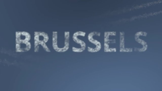 Flying airplanes reveal Brussels caption. Traveling to Belgium conceptual intro animation