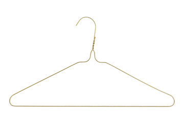 Gold colored wire clothes hanger isolated on a white background