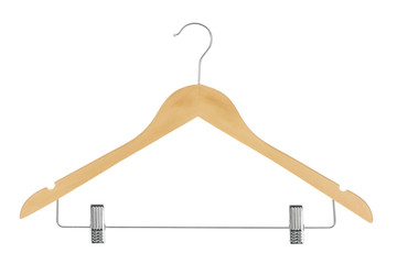 Wood clothes hanger with metal pants / skirt hanger isolated on a white background