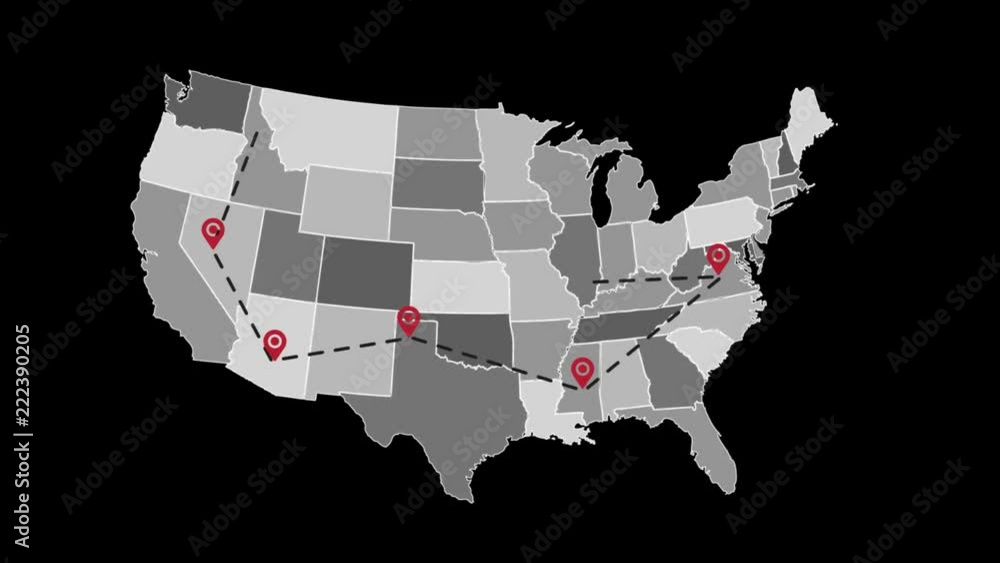 Poster hd animation of map of usa with pointers. travel concept.