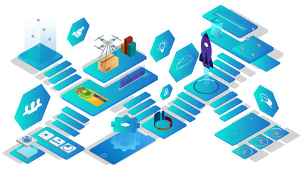 Isometric virtual office: mobile devices, business management, online communication and finance concept