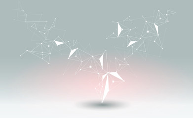 Abstract Molecules with line, node, geometric, low poly, polygon and triangle. Vector design network connection technology on bright gray background. Futuristic, science,  network technology concept