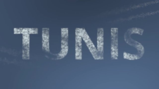 Flying airplanes reveal Tunis caption. Traveling to Tunisia conceptual intro animation