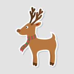 Christmas sticker. Cartoon rudolph deer with red scarf on white background. Winter icon. Vector illustration.