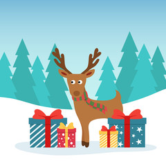 Winter christmas illustration. Funny deer with gift colored boxes. Christmas and New Year design greeting cards
