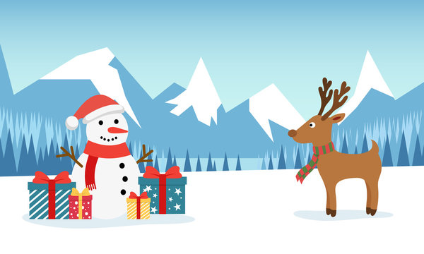Snowman and funny deer on the background of a winter mountain landscape with a forest and a snow-covered field. Christmas and New Year design greeting cards.