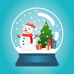 Christmas ball with snow, snowman and a Christmas tree. Snow globe with gift boxes. Winter christmas vector illustration.