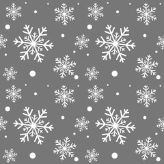 Winter grey background with white snowflakes. For textile, paper, scrapbooking, wrapping, web and print design. Seamless pattern. Vector illustration. Christmas and New Year design.