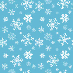 Winter blue background with white snowflakes. For textile, paper, scrapbooking, wrapping, web and print design. Seamless pattern. Vector illustration. Christmas and New Year design.