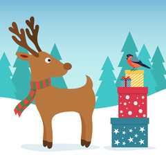 Winter christmas illustration. Funny deer and bullfinch with gift colored boxes. Christmas and New Year design greeting cards © vandycandy