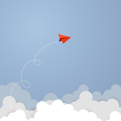 Business concept. Red paper leader airplane flying on blue sky of business teamwork and one different vision. Leader, New idea, boss, manager, winner concept, trend. Vector illustration