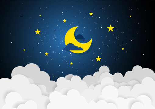 Paper art style of moon and stars in midnight concept. Business flat design vector illustration