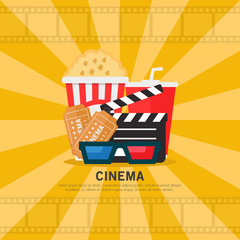 Cinema, popcorn, soda drinks, cinema 3d glasses, clapperboard, flat design vector illustration
