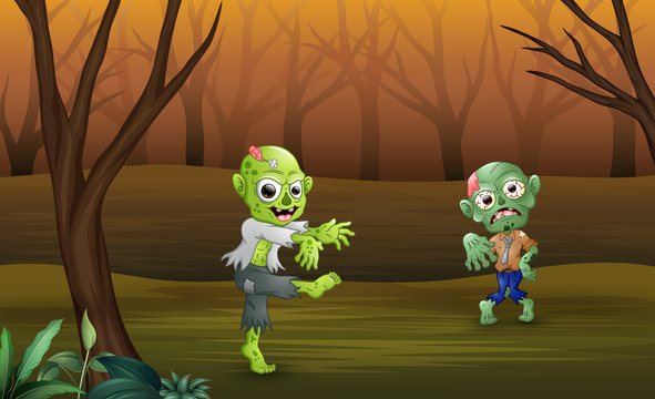 Halloween celebration of zombie cartoon in forest