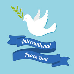International Day of peace. Dove of peace with olive branch on blue background. Postcard, poster or web banner template.
