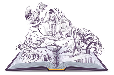 Fototapeta premium Open book illustration of legend of Prometheus eagle pecks liver