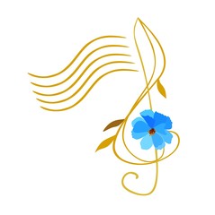 Logo with golden musical staff and treble clef in shape of blue cosmos flower isolated on white background in vector.