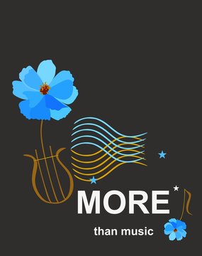 Template for musical banner with lyre in shape of blue cosmos flower and waves ornament symbolizing musical staff isolated on black background in vector.