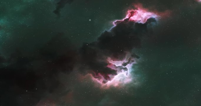 Fly through space nebulae and star field. Glowing clouds and dark dust. Green and red hue.