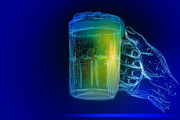 Male hold glass with beer. Abstract image of a starry sky or space, consisting of points, lines, and shapes in the form of planets, stars and the universe. Low poly vector