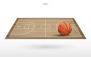 Basketball ball on basketball court with wooden floor pattern and texture background. Vector.