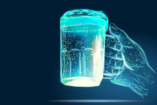 Male hold glass with beer. Abstract image of a starry sky or space, consisting of points, lines, and shapes in the form of planets, stars and the universe. Low poly vector