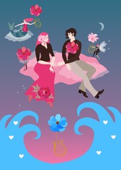 Young happy couple in love stretches out each other's hands and sits on pink clouds flying over ocean waves. Fabulously beautiful invitation to the wedding.