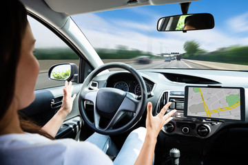 Woman Traveling By Self Driving Car