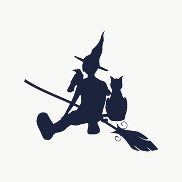 Illustration of sitting young witch. Witch silhouette with a broomstick, cat and raven. Halloween relative image