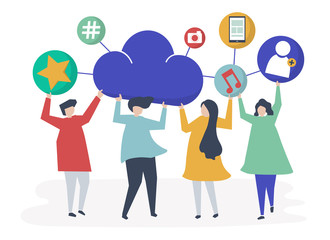 People holding cloud and social networking icons illustration